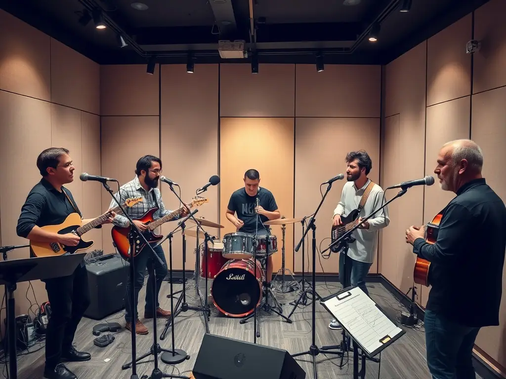 A vibrant image of a diverse group of musicians collaborating in a recording studio, showcasing the collaborative spirit of LES-REV'RIMES' artist development program.