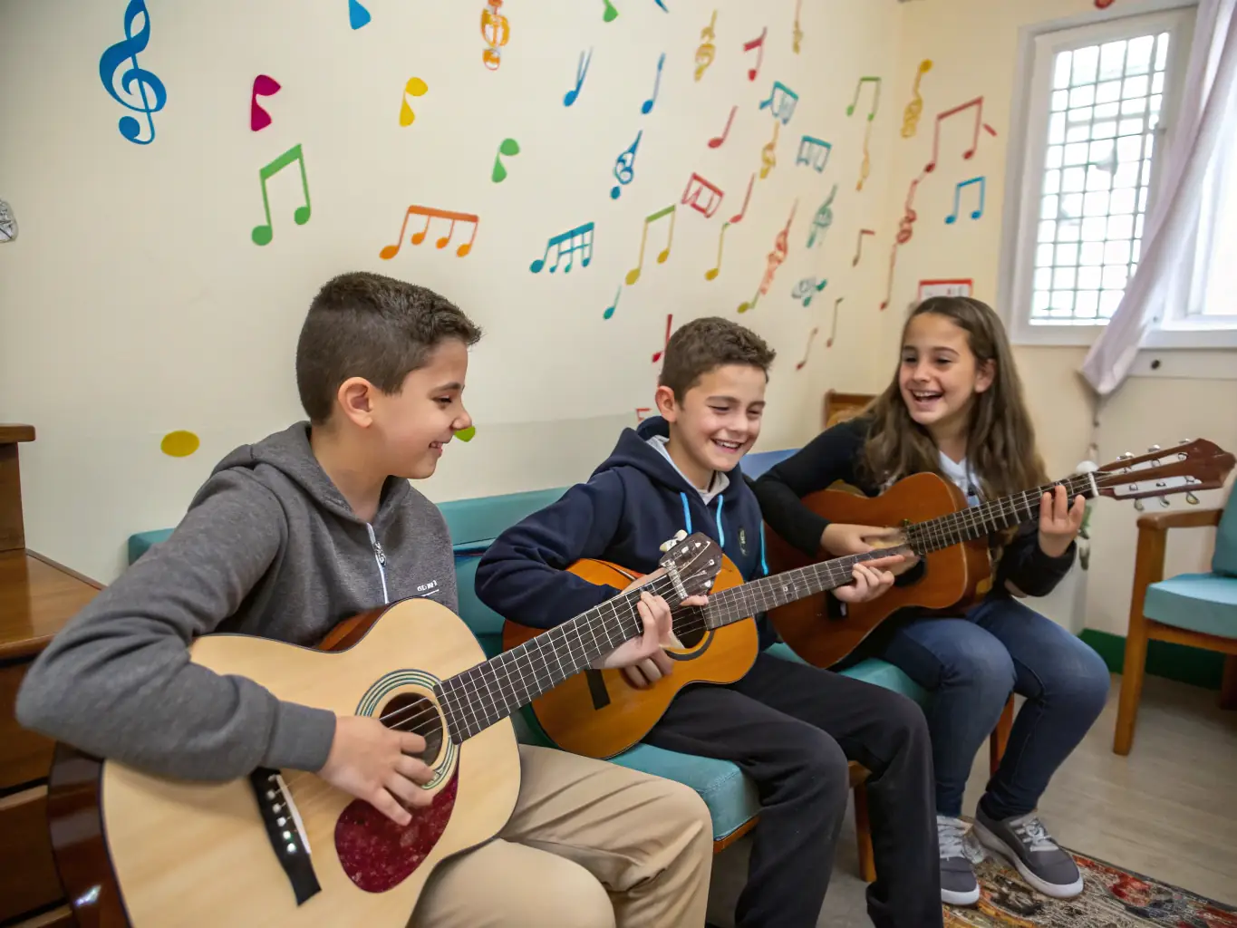 An inspiring image of young students participating in a music education workshop led by LES-REV'RIMES instructors, emphasizing the organization's dedication to nurturing future generations of musicians.